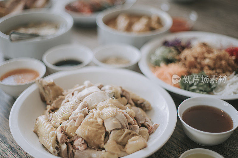 table top view chinese new year eve family reunion dinner dishes on table chicken fish